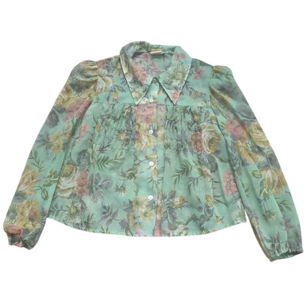 Vintage Byer California Sage Green Floral Collared Button Front Blouse Medium
